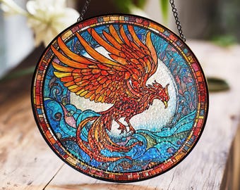 Vidriera colgante con la figura del Fénix de Fuego, arte majestuoso para la decoración del hogar.