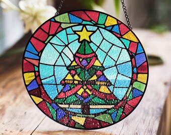 Lebendiger Weihnachtsbaum-Buntglas-Suncatcher - Festliches Feiertagsdekor mit bunten Mustern und Stern