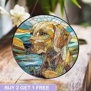 Labrador Stained Glass Panel – Vibrant Dog Art Decor with Scenic Landscape for Home