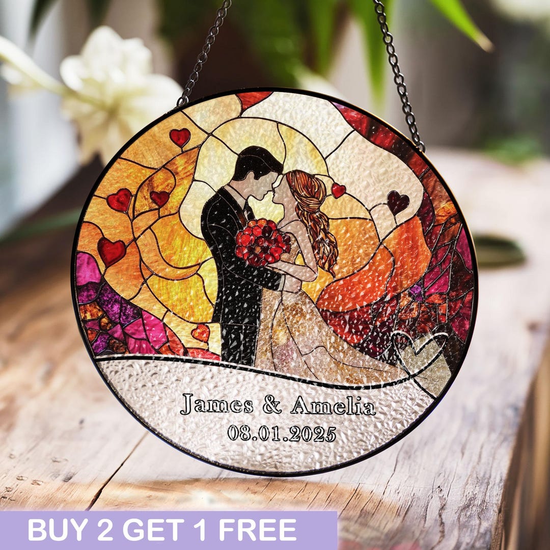 Romantic Wedding Couple Stained Glass Panel With Personalized Names and ...