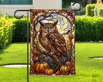 Autumn Owl Garden Flag, Stained Glass Fall Yard Flag, Pumpkin Harvest Decor, Thanksgiving Bird Flag For Nature Lovers Gift