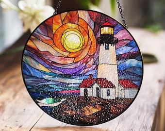 Lighthouse Stained Glass Panel with Vibrant Sunset for Window or Wall Decor