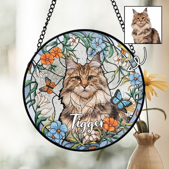 カスタム猫ステンドグラスサンキャッチャー、パーソナライズされた
