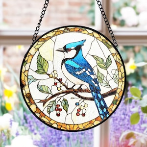 Attrape-soleil en vitrail geai bleu, décoration de fenêtre art oiseau réaliste, panneau sur le thème de la nature, ornement en verre, cadeau ornithologie, idée pour amateur de jardin