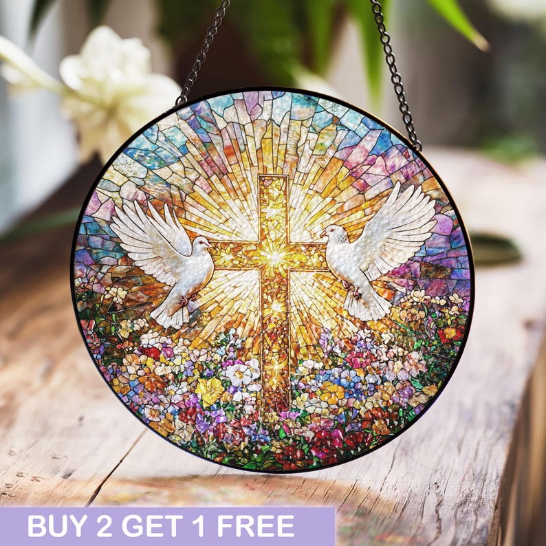 Christian Cross Stained Glass Suncatcher, Doves & Floral Window Decor ...
