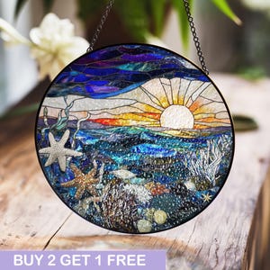 Ocean Sunrise Stained Glass Window Hanging with Starfish and Coral Reef Design