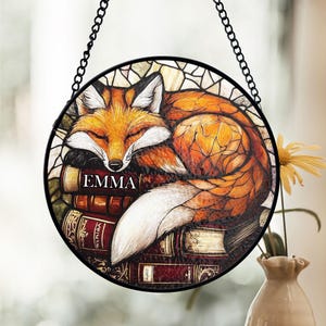 Custom Name Book And Fox Stained Glass Suncatcher, Literary Cozy Decor, Vintage Book Lover Art, Autumn Stained Glass, Book Lover Gift