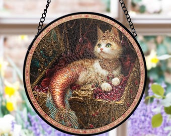 グラスパネル 可愛い ステンド グラス 猫 15cm ステンドグラス風 月と