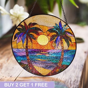 Tropical Sunset Stained Glass Panel with Palm Trees