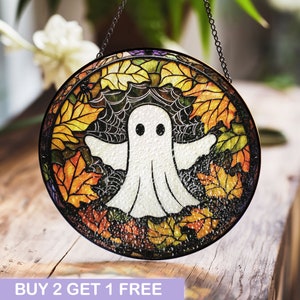 Originele gotische geest Suncatcher, grappig Halloween-gebrandschilderd glas, spookachtig raam hangen, horror fotodecor, heksencadeau voor herfst