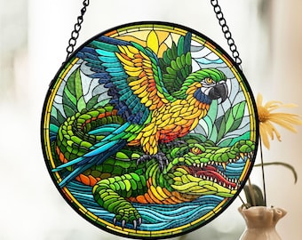 Papegaai rijdt op een krokodil Gebrandschilderd glas suncatcher, jungle wildlife raamkunst, tropisch huisdecor, thema levendig natuur, cadeau vogelliefhebbers