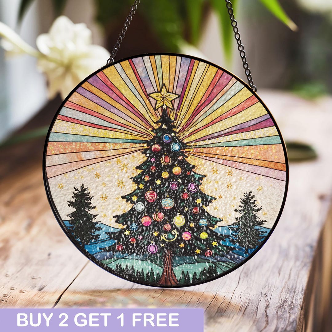 Christmas Tree Stained Glass Window Hanging, Festive Holiday Decor ...
