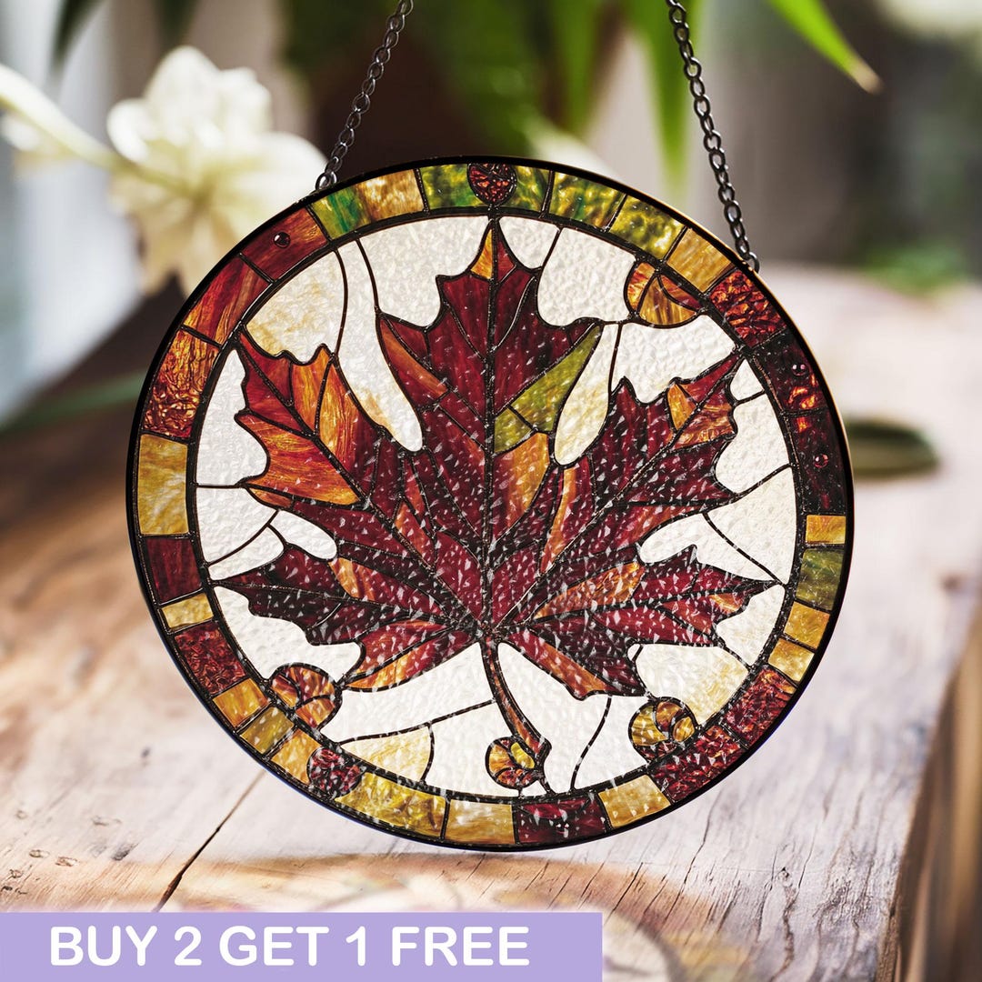 Autumn Maple Leaf Stained Glass Panel - Colorful Round Sun Catcher for ...