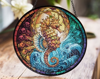 Stunning Stained Glass Seahorse Art – Ocean Waves & Colorful Nautical Decor