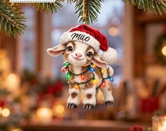 Custom Baby Goat Wearing Santa Hat Twinkle Lights Bauble, Cute Farm Animal Pet Keepsake Pendant, Gift for Goat Lover