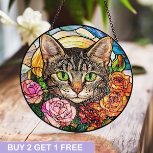 Stained Glass Cat Window Hanging with Vibrant Floral Design