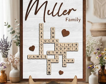 Custom Family Name Scrabble Frame, Personalized Crossword Name Sign, Family Puzzle Art, Housewarming Gift, Unique Family Decor