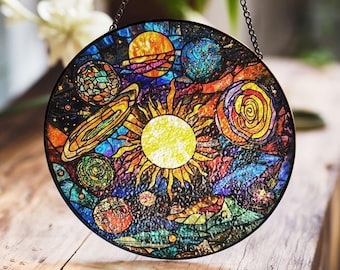Solar System Stained Glass Art with Colorful Planets and Radiant Sun for Wall or Window Display
