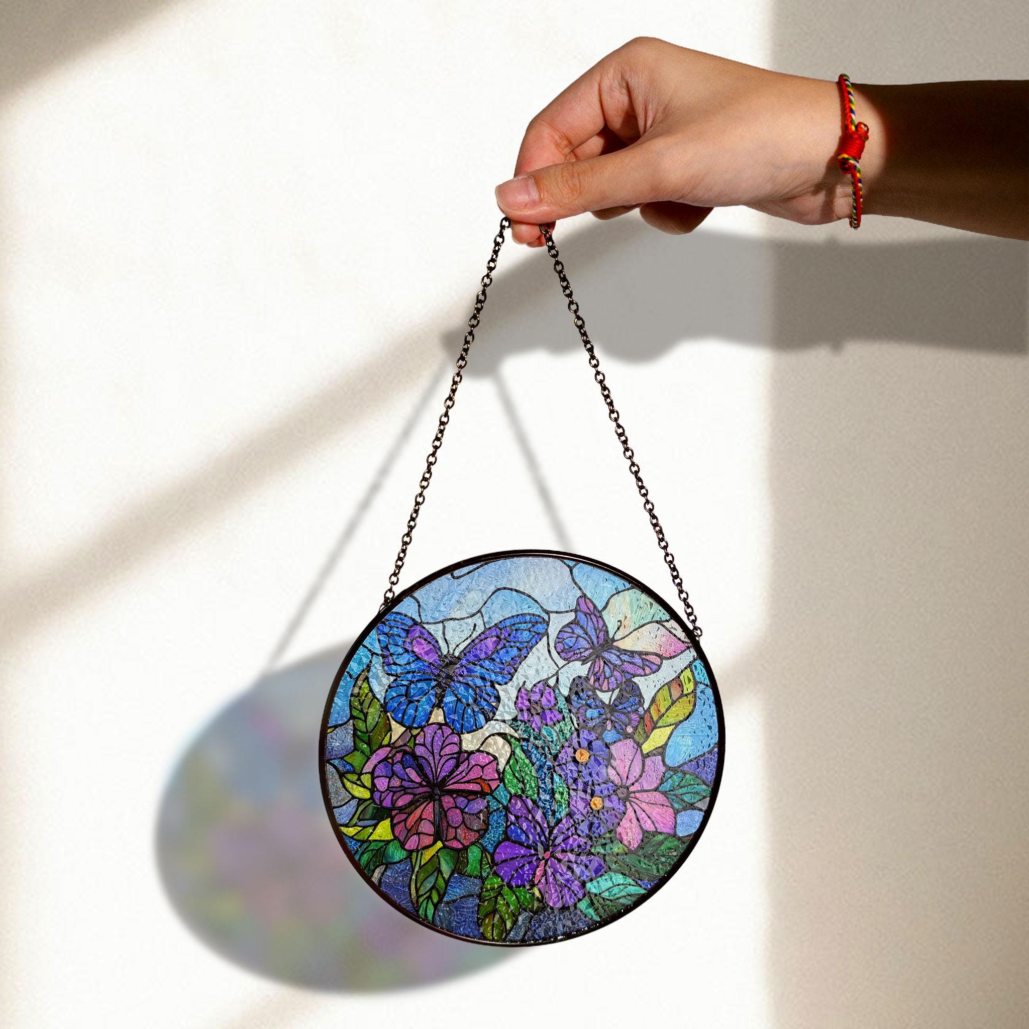 蝶と花のステンドグラスパネル、鮮やかな丸窓装飾 - Etsy 日本