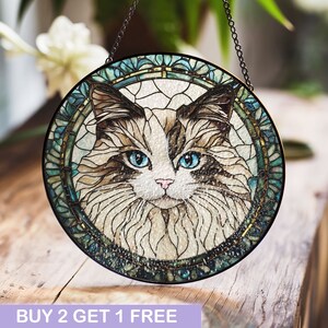 Stained Glass Cat Window Panel with Bright Blue Eyes – Unique Cat Lover Gift