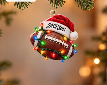 Custom American Football Ball Wearing Santa Hat Twinkle Lights Bauble, Sports Athlete Player Keepsake Pendant, Gift for Brother