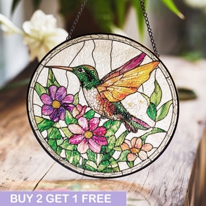 Stained Glass Hummingbird and Wildflowers Suncatcher, Window Hanging Decor, Indoor Wall Art, Gift for Women, Floral Bird Art Ornament