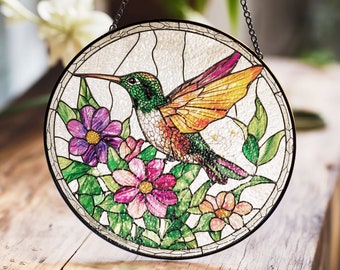Atrapasueños de vidrieras con colibrí y flores silvestres, decoración para ventana, arte de pared para interiores, regalo para mujeres, adorno floral con diseño de aves.