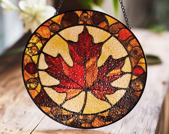 Maple Leaf Stained Glass Window Panel - Warm Autumn-Themed Sun Catcher for Fall Home Decoration