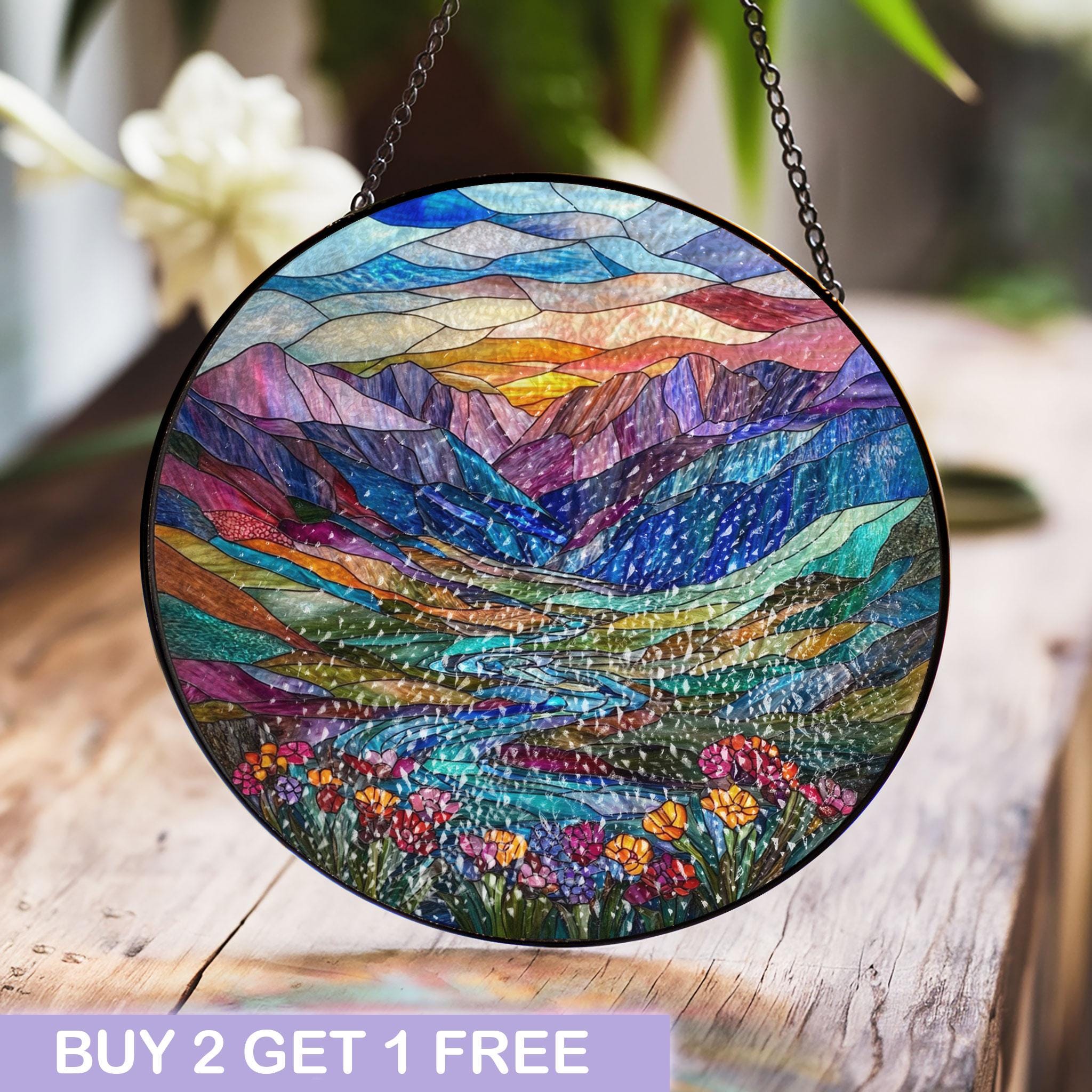 Vibrant Mountain Valley Stained Glass Panel for Window or Wall Decor