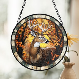 Deer Stained Glass Suncatcher, Majestic Buck Forest Decor, Autumn Wildlife Style, Hunting Dad Home Accent, Father Day Gift