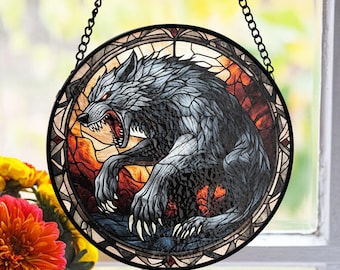 サンキャッチャーガラス - 狼男デザイン - 手作りステンドグラス風装飾