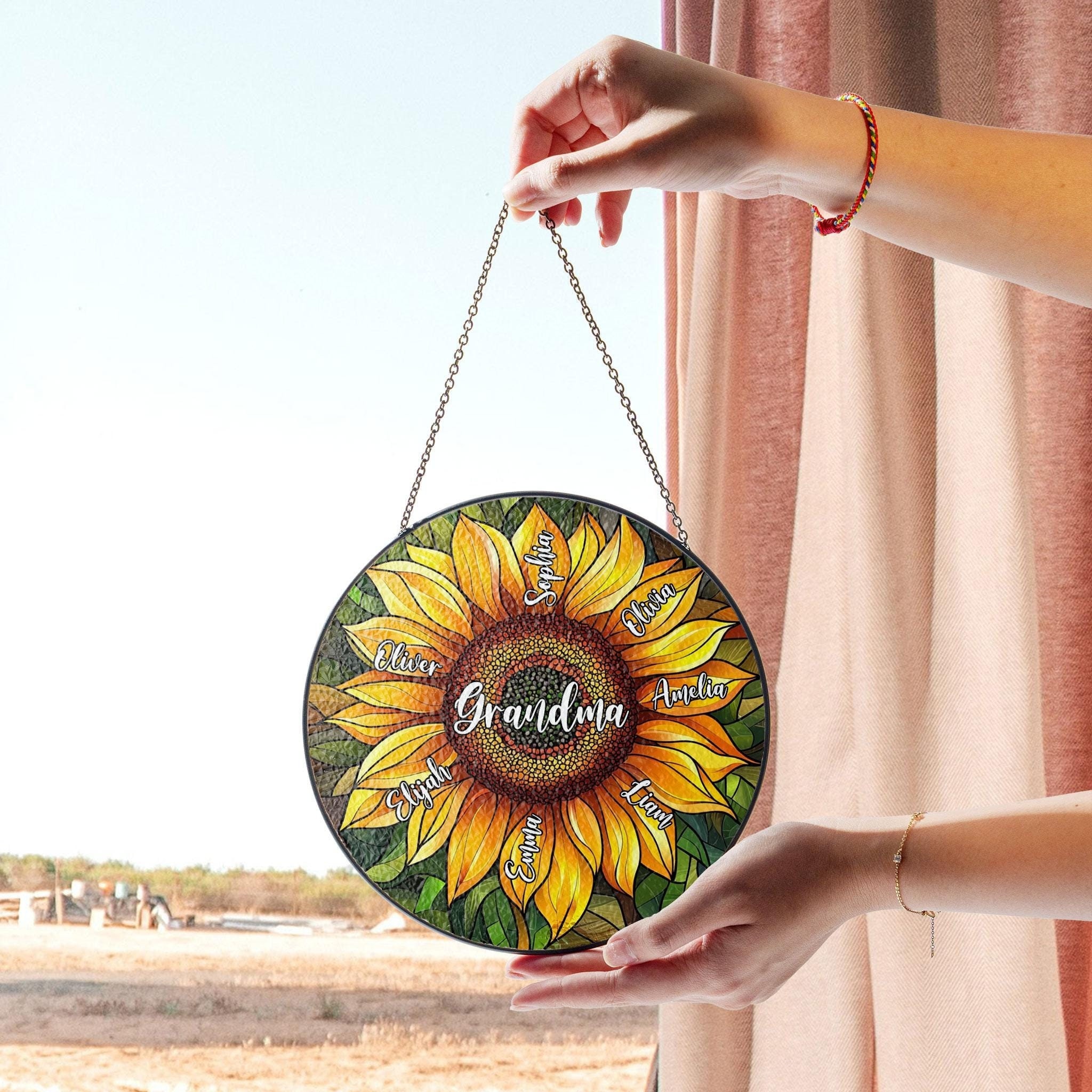 Personalized Sunflower Stained Glass, Custom Name Suncatcher