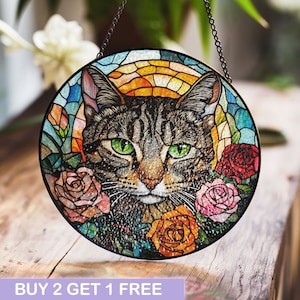 Stained Glass Tabby Cat with Floral Background, Vibrant Window Art