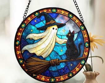 ハロウィンに　ステンドグラス　モビール(黒猫、魔女、おばけ) ステンドグラスの魔女と黒猫のサンキャッチャー：ハロウィーンの月窓