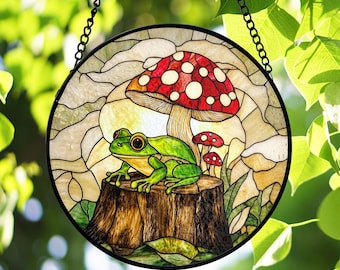 Frog and Mushroom Stained Glass Suncatcher, Whimsical Forest Decor, Nature Inspired Art, Cottagecore Home Accent, Gift for Nature Lover