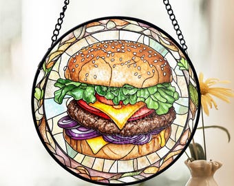ハンバーガーセットのステンドグラスパネル ステンドグラスのバーガーサンキャッチャー：手作りのグルメダイナーの