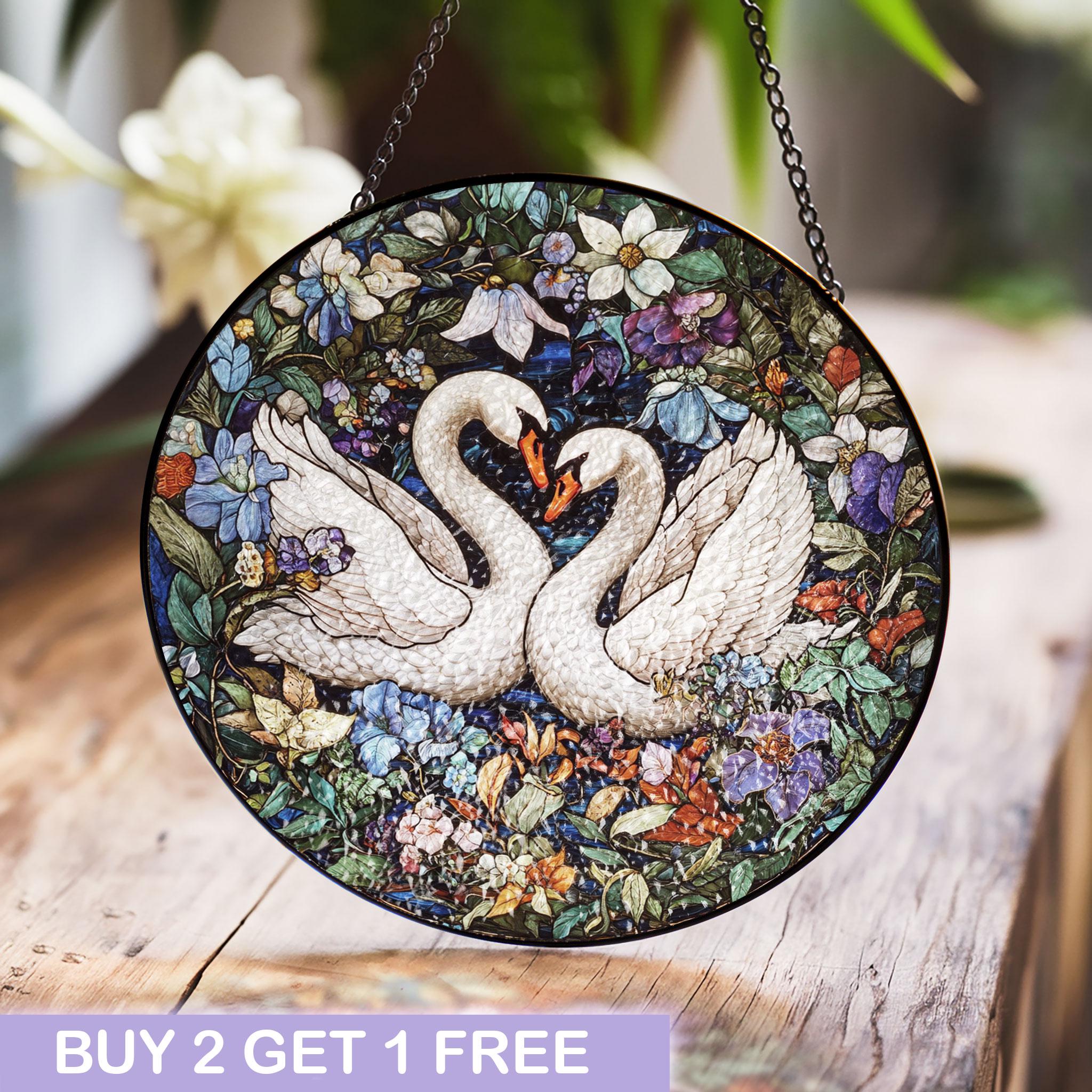 Swan Pair Stained Glass Window Hanging - Romantic Floral Art Decor