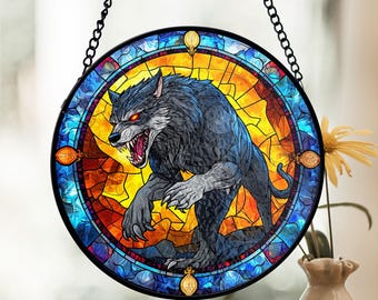 サンキャッチャーガラス - 狼男デザイン - 手作りステンドグラス風装飾