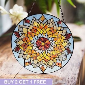 Vibrant Mandala Stained Glass Window Hanging – Intricate Sunburst Design