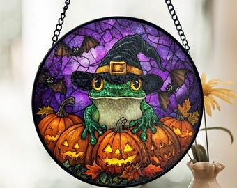 Frog Stained Glass Suncatcher, Pumpkin Cluster Scene, Halloween Witch Decor, Spooky Cute Style, Animal Lovers, Fun Fall Gift