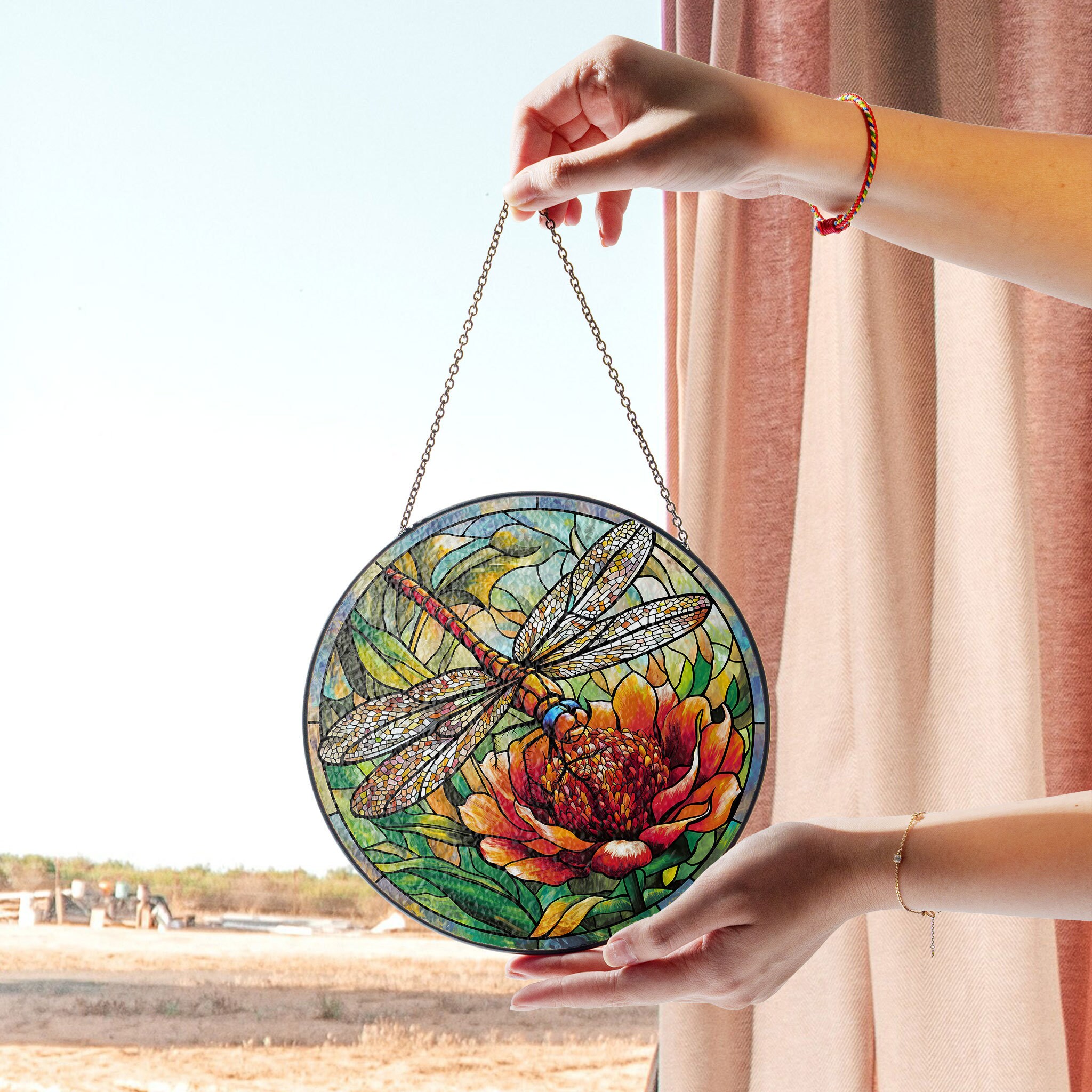 ZZHAOYI Libellen-Sonnenfänger Aus Buntglas – Handgefertigt, 20 Cm Durchmesser, Mit Metallkette Für Fenster Oder Garten