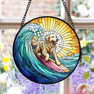 Golden Retriever Surfing Stained Glass Suncatcher, Beach Waves Window Hanging, Coastal Dog Decor, Ocean Lover Gift, Pet Memorial Art