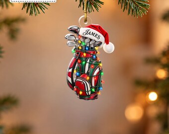 Custom Golf Clubs Stand Bag Santa Hat Twinkle Lights Bauble, Golf Player Sports Enthusiast Keepsake Pendant, Gift for Dad