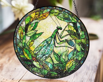 Atrapasueños de vidrieras con forma de mantis religiosa, arte para ventanas inspirado en la naturaleza, decoración para amantes de los insectos, temática de hojas verdes, regalo perfecto para jardineros.