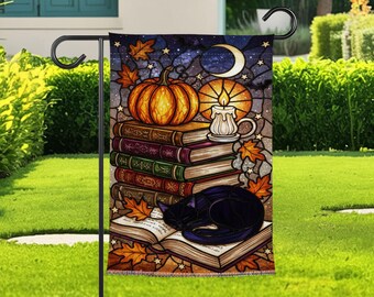 Cozy Witch Cat Garden Flag For Halloween, Autumn Pumpkin Book Lover Yard Flag, Black Cat Witchy Porch Flag, Cottagecore Fall Magic Decor