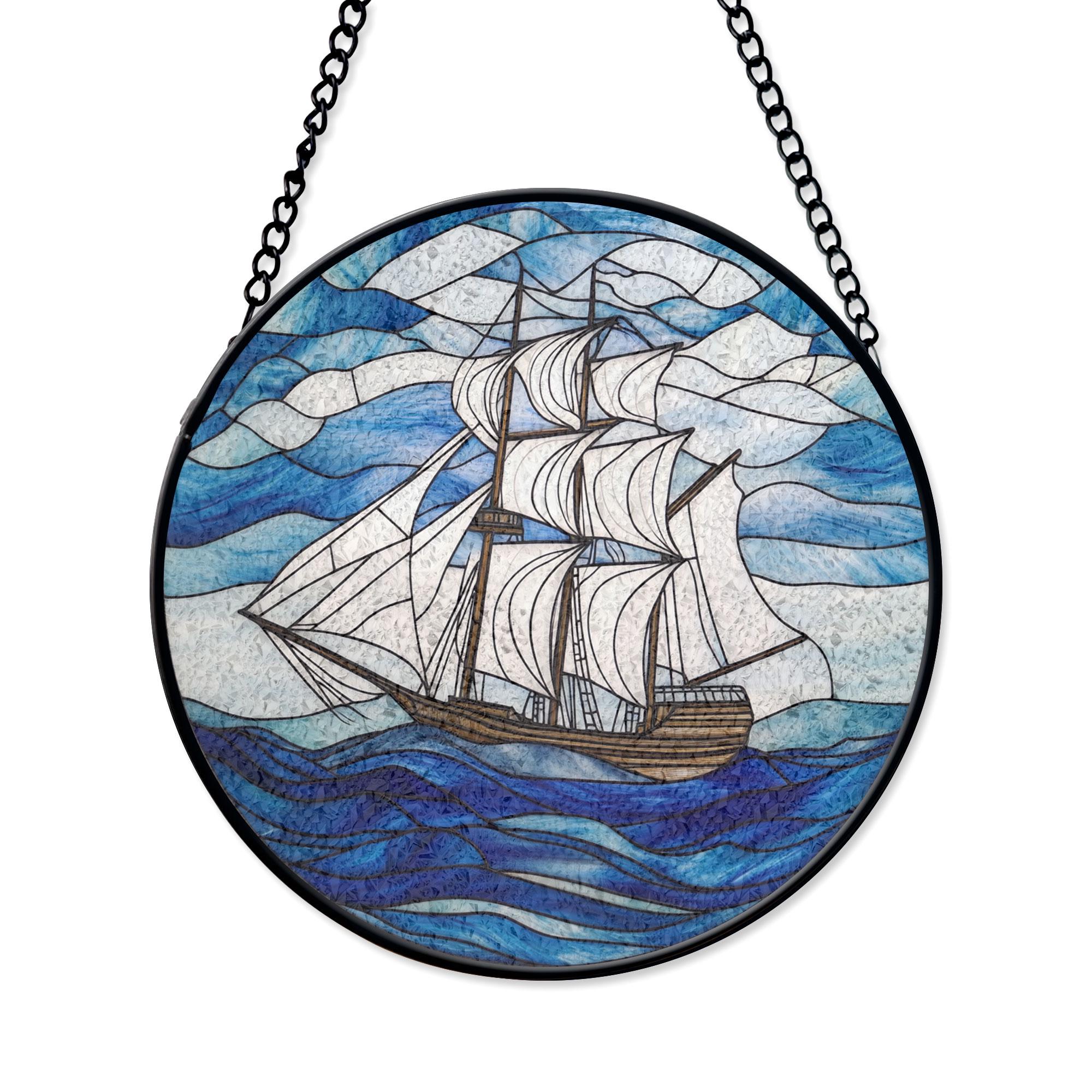 海の波と青い空を描いたステンドグラスの帆船パネル、航海用の窓や壁の