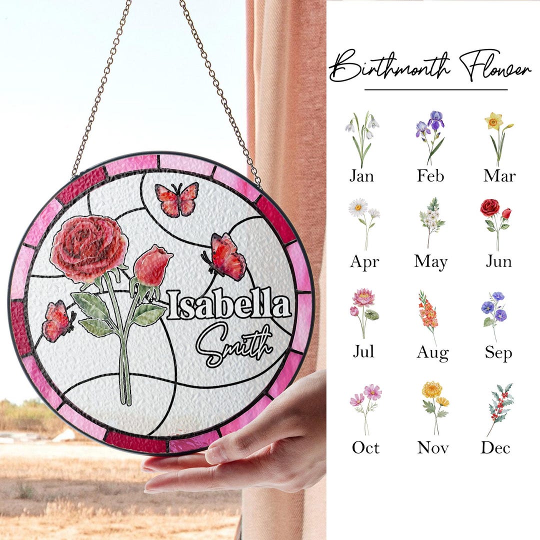 誕生月の花のパーソナライズされたステンドグラス、おばあちゃんの誕生