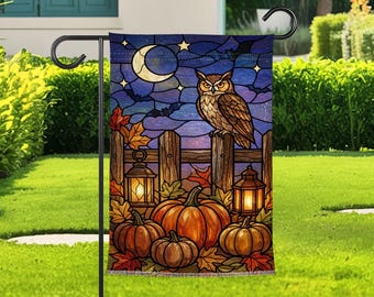 Stained Glass Owl Garden Flag For Fall Porch Decor, Pumpkin Lantern Yard Flag, Halloween Autumn Moon Garden Banner, Owl Lover Outdoor Art