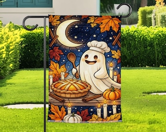 Cute Ghost Baker Garden Flag For Halloween, Cozy Fall Pie Garden Flag, Autumn Kitchen Witch Yard Flag, Spooky Cute Porch Decor