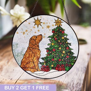 Golden Retriever Christmas Stained Glass with Tree and Snow